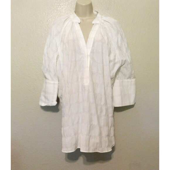 Anthropologie Top L White Tunic Length Blouse 3/4 Sleeve Cuff Cotton Blend - Picture 4 of 9